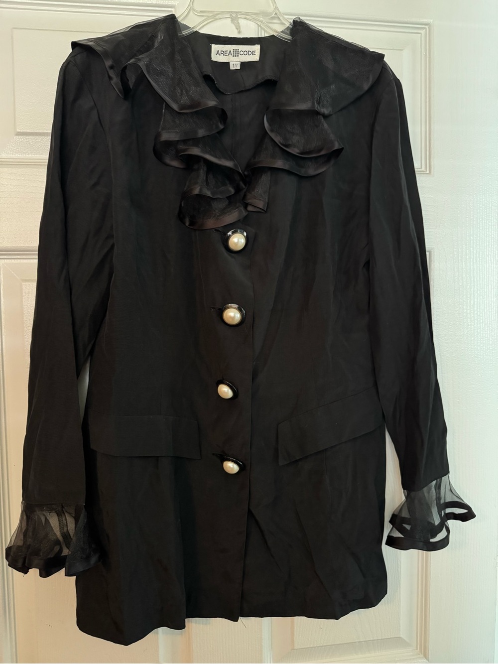 Vintage 90s Area Code Black Ruffle V-Neck Blouse Dress Goth Romantic Size 11